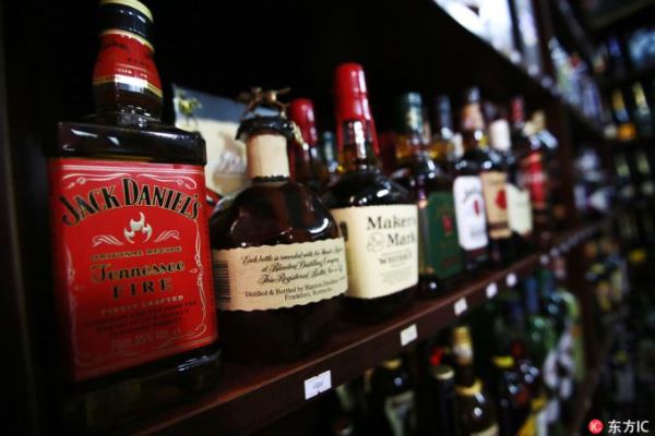 A view of whiskey bottles imported from the US in a market in Beijing, China, 05 July 2018. [Photo: IC] 